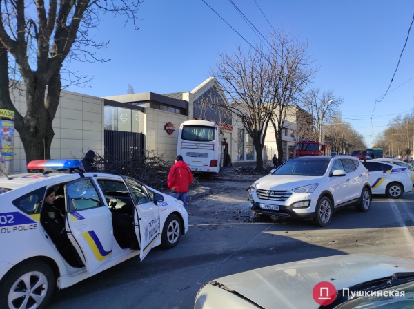 В Одессе автобус попал в ДТП: вылетел на встречку, снес дерево и врезался в мотосалон. Фото, обновлено